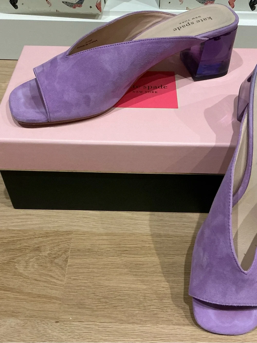 kate spade lilac suede open-toe slingback mules with lucite block heel